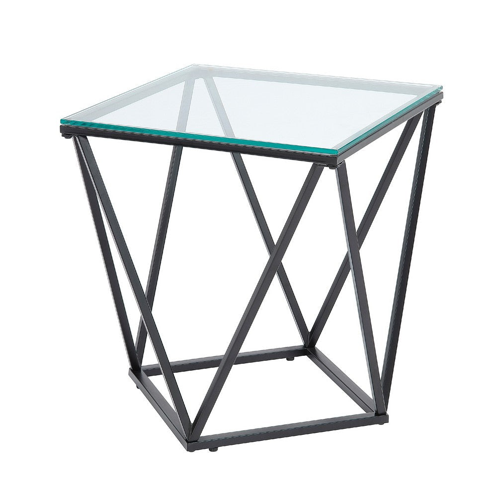 Lucas Side End Table | Clear Glass Top | Geometric Frame | Black Metal BM336343