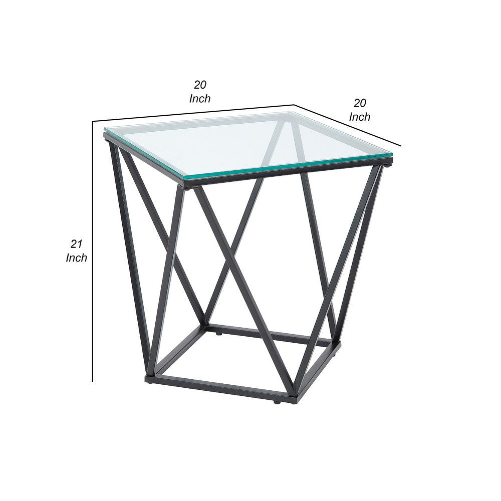 Lucas Side End Table | Clear Glass Top | Geometric Frame | Black Metal BM336343