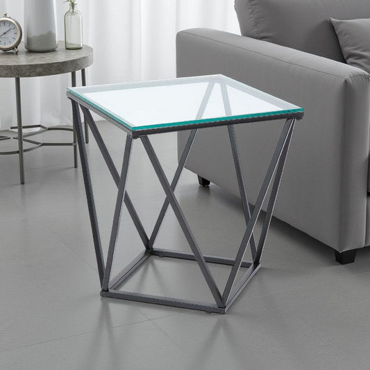 Lucas Side End Table | Clear Glass Top | Geometric Frame | Black Metal