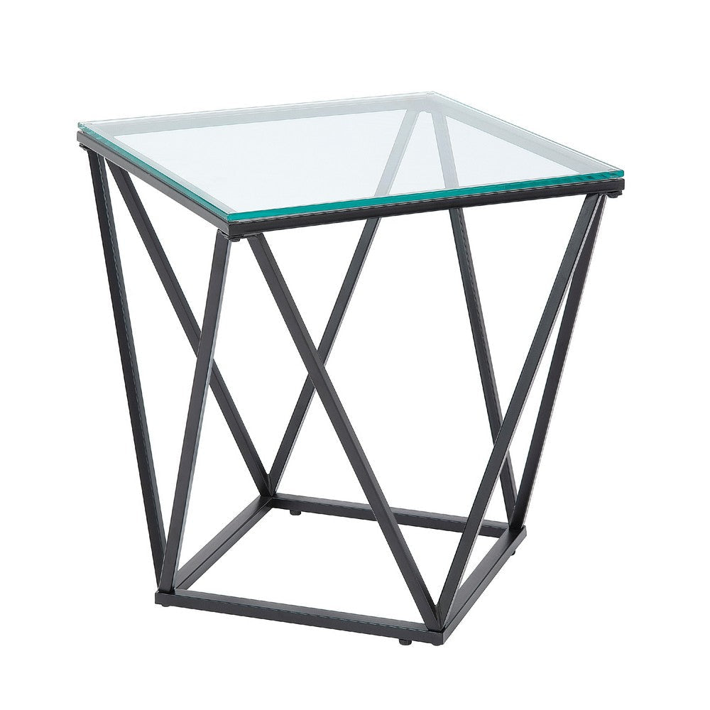 Lucas Side End Table | Clear Glass Top | Geometric Frame | Black Metal