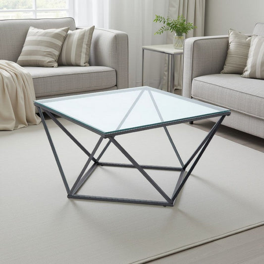 Lucas Cocktail Table | Clear Glass Top | Geometric Frame | Black Metal