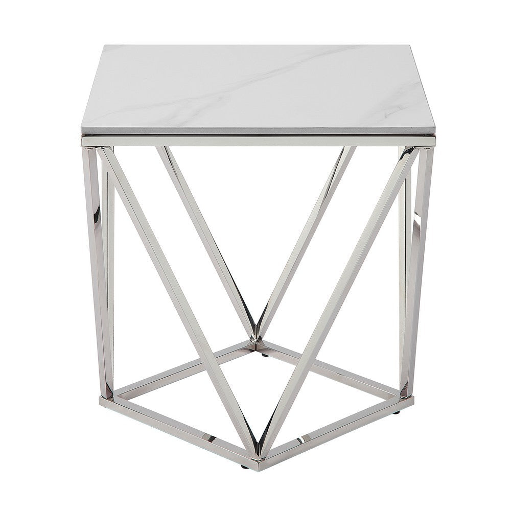 Allie End Table | White Sintered Stone | Silver Stainless Steel 21’’ BM336345