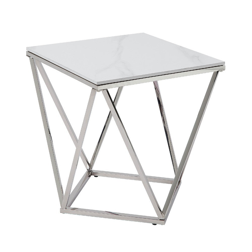 Allie End Table | White Sintered Stone | Silver Stainless Steel 21"