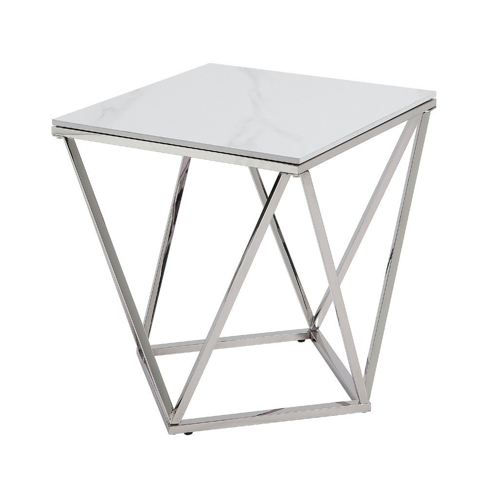 Allie End Table | White Sintered Stone | Silver Stainless Steel 21’’ BM336345