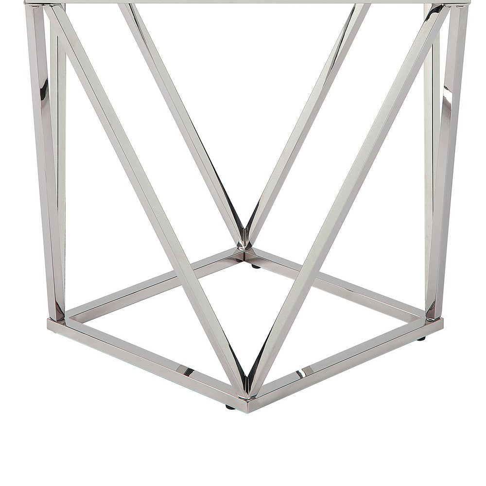 Allie End Table | White Sintered Stone | Silver Stainless Steel 21’’ BM336345