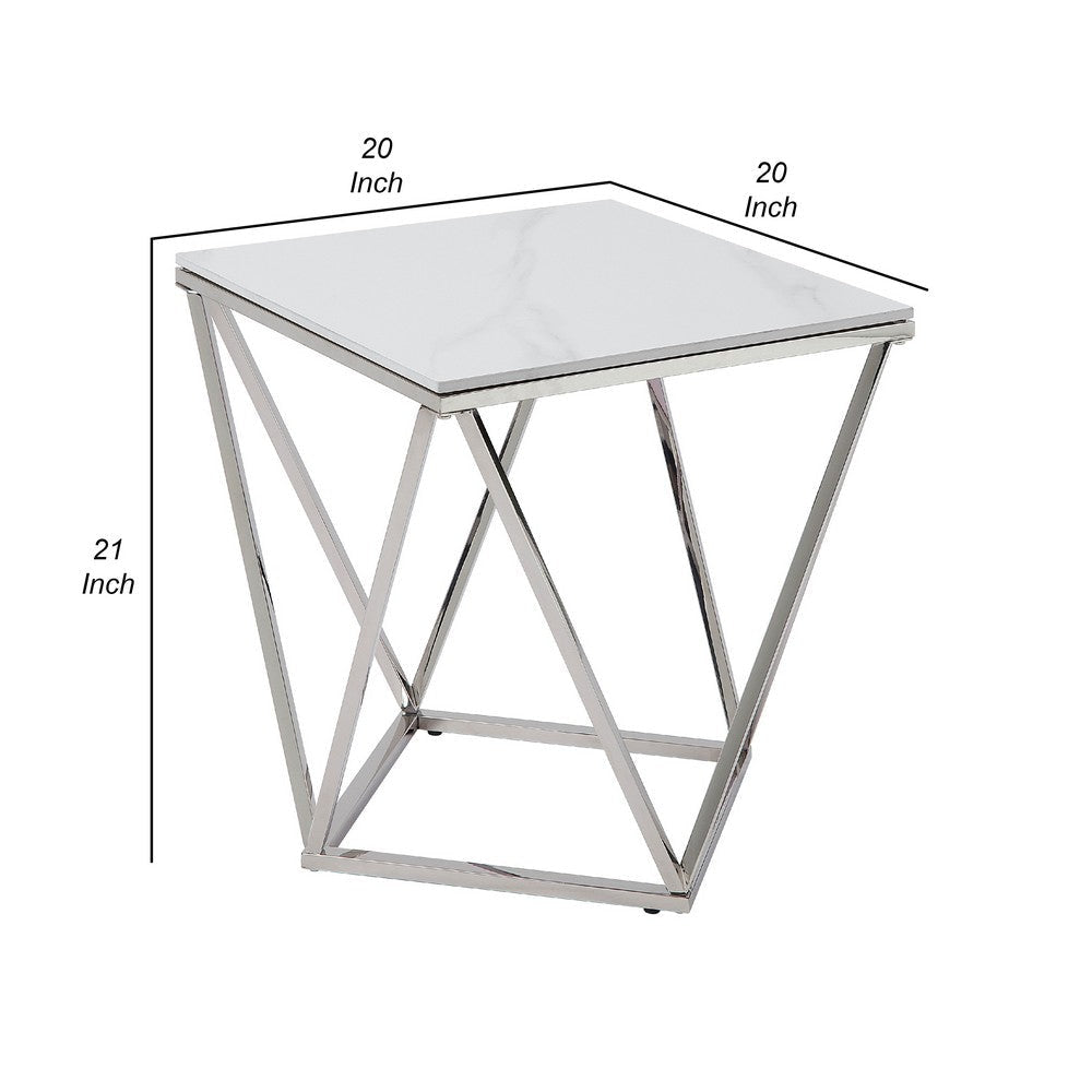 Allie End Table | White Sintered Stone | Silver Stainless Steel 21’’ BM336345