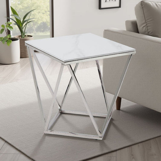 Allie End Table | White Sintered Stone | Silver Stainless Steel 21"