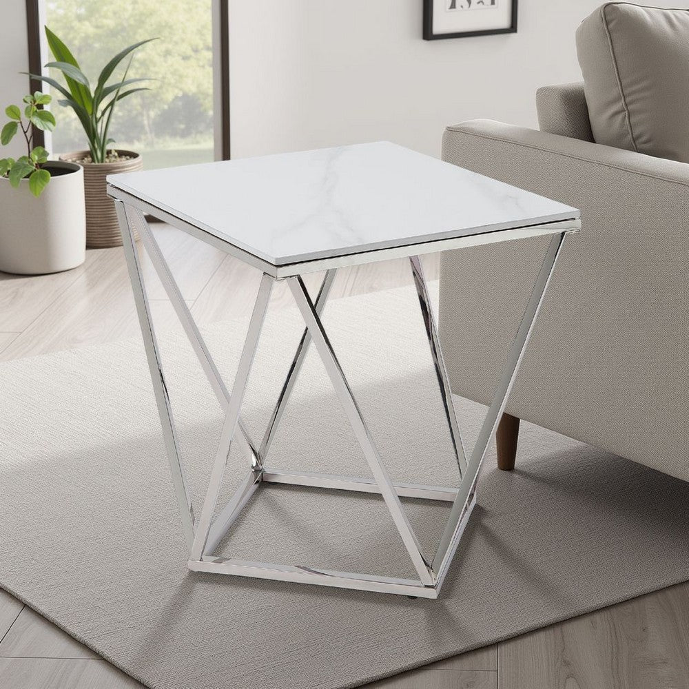 Allie End Table | White Sintered Stone | Silver Stainless Steel 21"