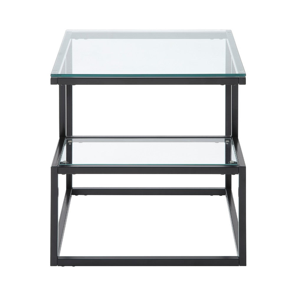 Elena End Table with 2-Tier Design | Glass Top and Shelf | Black Metal BM336347