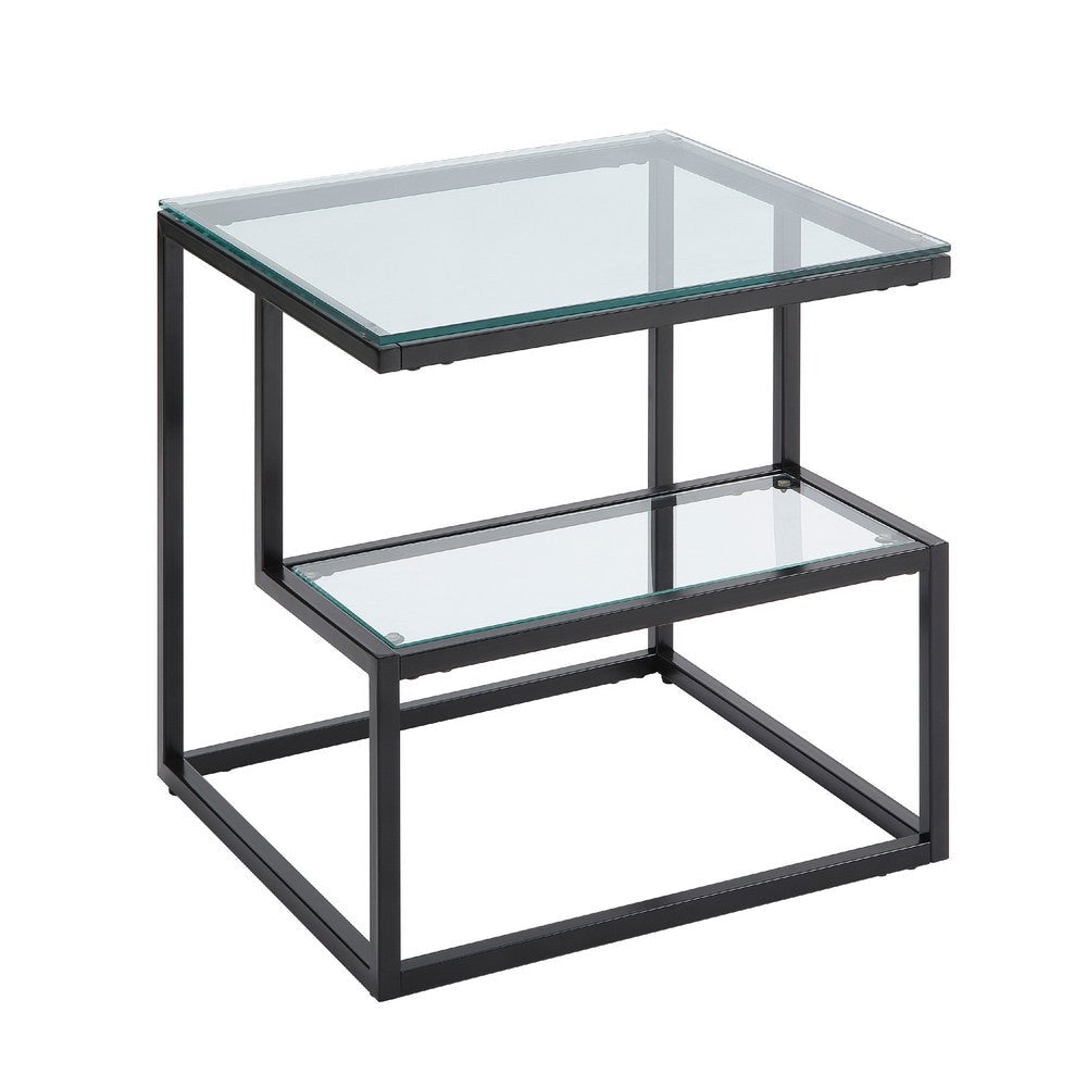 Elena End Table with 2-Tier Design | Glass Top and Shelf | Black Metal BM336347