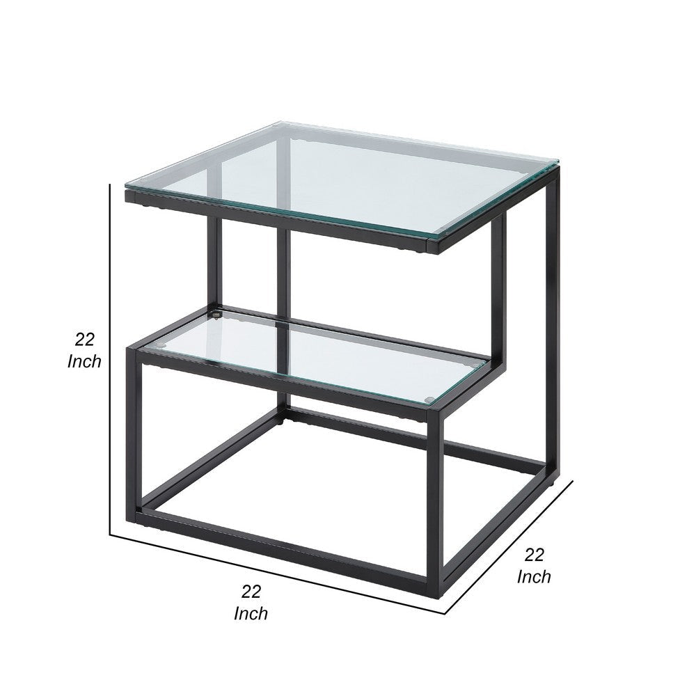 Elena End Table with 2-Tier Design | Glass Top and Shelf | Black Metal BM336347