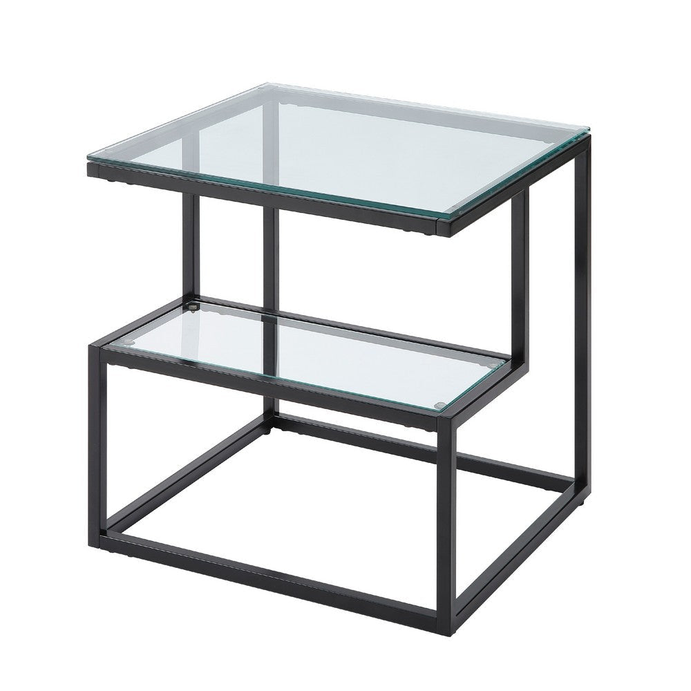 Elena End Table with 2-Tier Design | Glass Top and Shelf | Black Metal