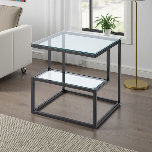 Elena End Table with 2-Tier Design | Glass Top and Shelf | Black Metal