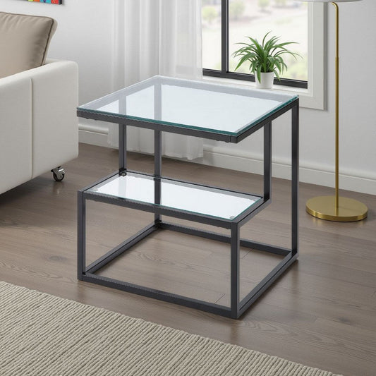 Elena End Table with 2-Tier Design | Glass Top and Shelf | Black Metal