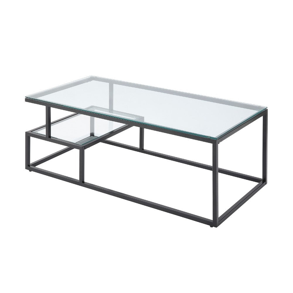 Elena Coffee Table | 2-Tier Design | Glass Top and Shelf | Black Metal