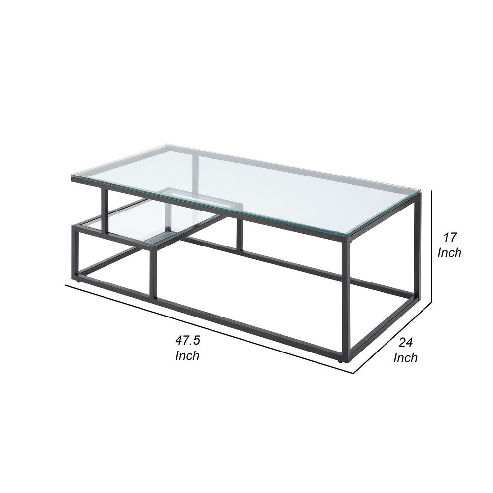Elena Coffee Table | 2-Tier Design | Glass Top and Shelf | Black Metal BM336348