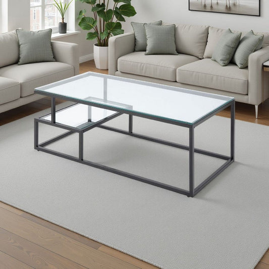 Elena Coffee Table | 2-Tier Design | Glass Top and Shelf | Black Metal