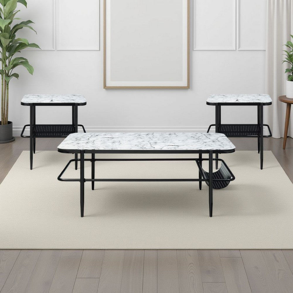 Marty 3pc Coffee End Table Set | White Marble Fluted Glass | Black