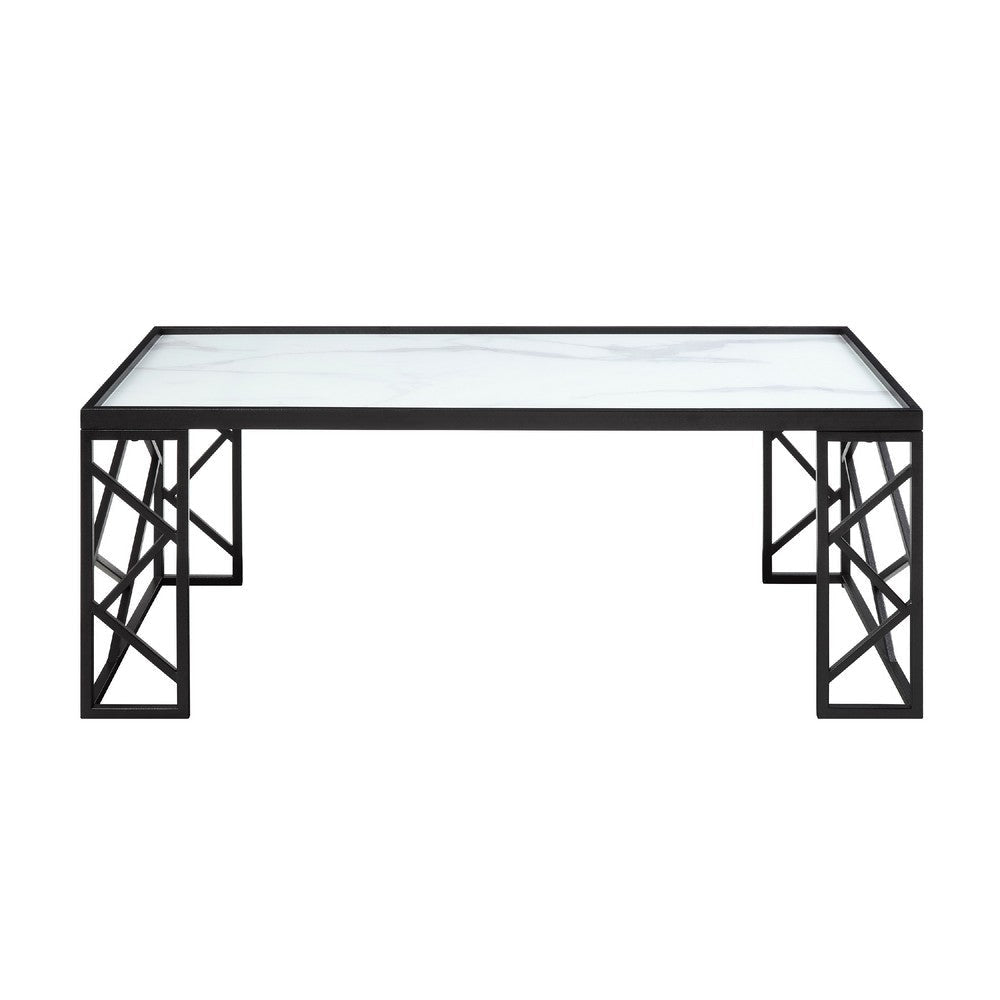 Anya 3pc Coffee and End Table Set | White Marble Print Glass | Black BM336353