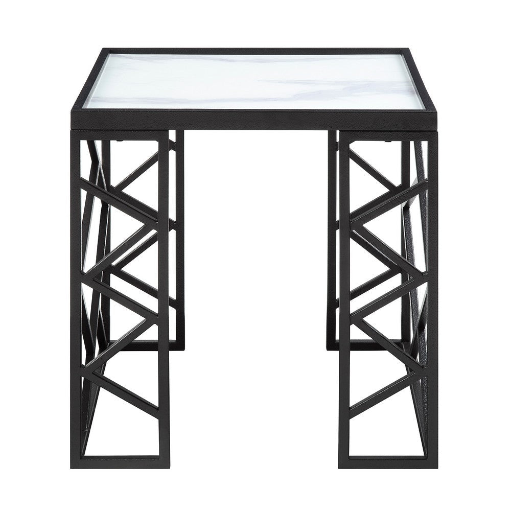 Anya 3pc Coffee and End Table Set | White Marble Print Glass | Black BM336353
