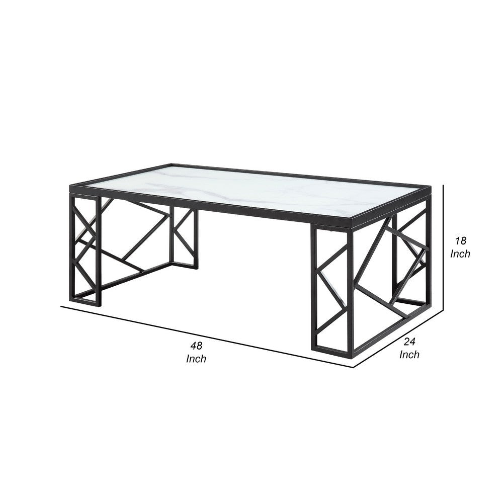 Anya 3pc Coffee and End Table Set | White Marble Print Glass | Black BM336353