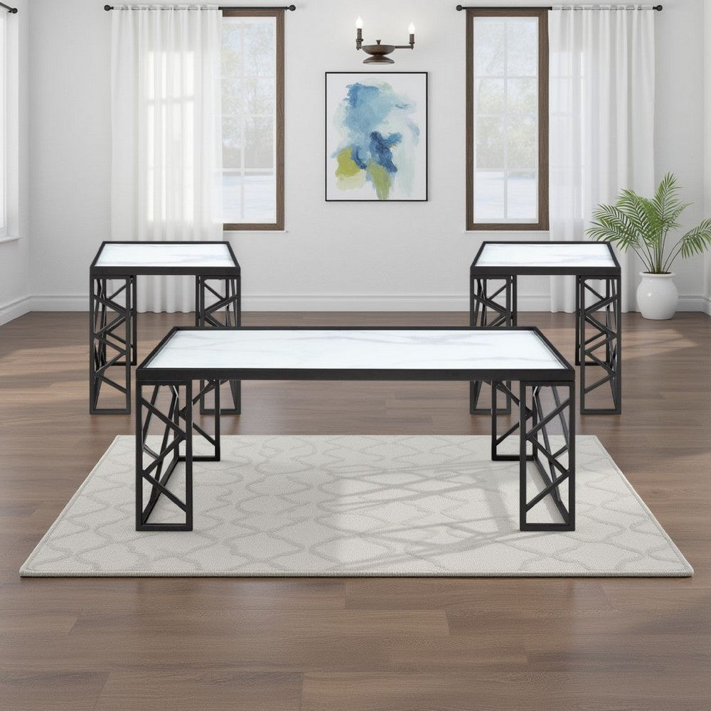 Anya 3pc Coffee and End Table Set | White Marble Print Glass | Black