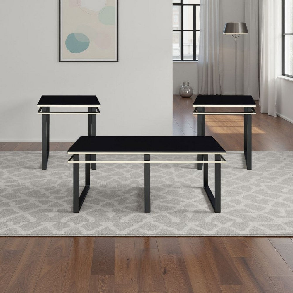Zamie 3pc Coffee and End Table Set | Black Glass Top | Gold Accents