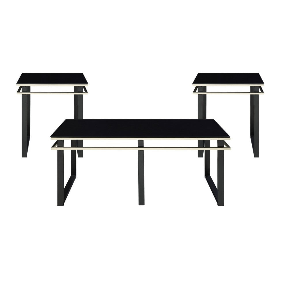 Zamie 3pc Coffee and End Table Set | Black Glass Top | Gold Accents