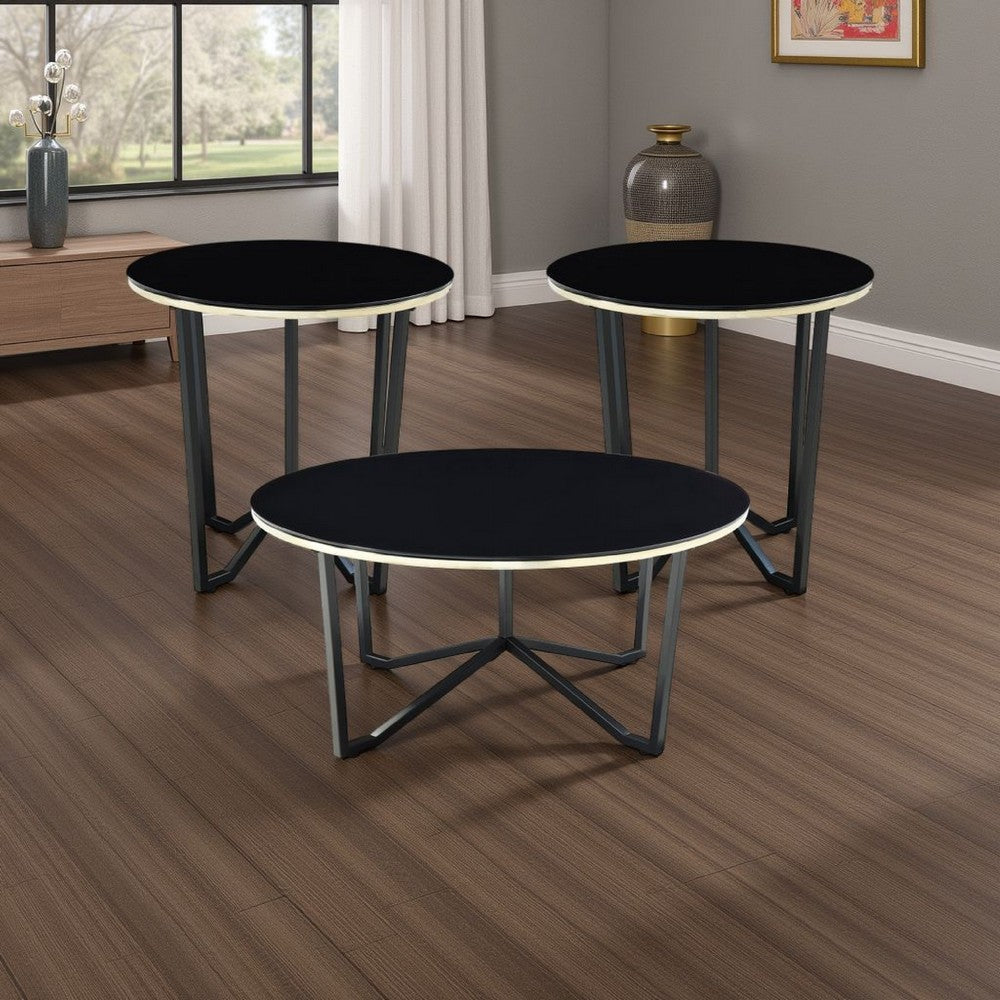 Amyra 3pc Occasional Coffee and End Table Set | Black Glass | Gold