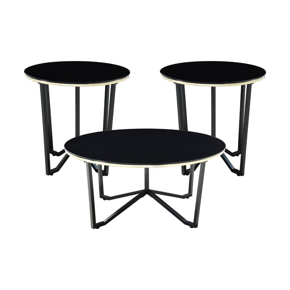 Amyra 3pc Occasional Coffee and End Table Set | Black Glass | Gold