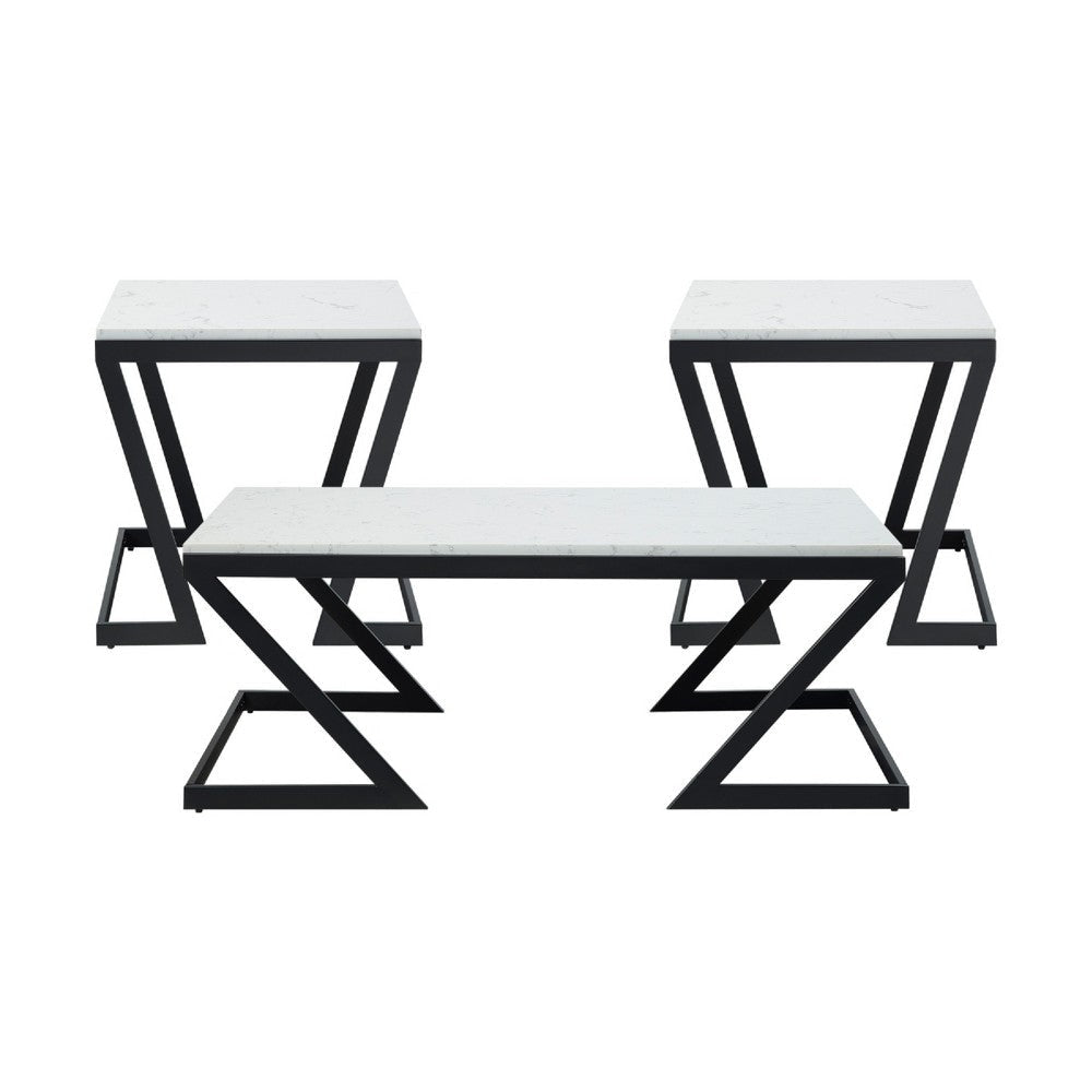 Azzy 3pc Occasional Coffee Table Set | Angled Base | White Faux Stone