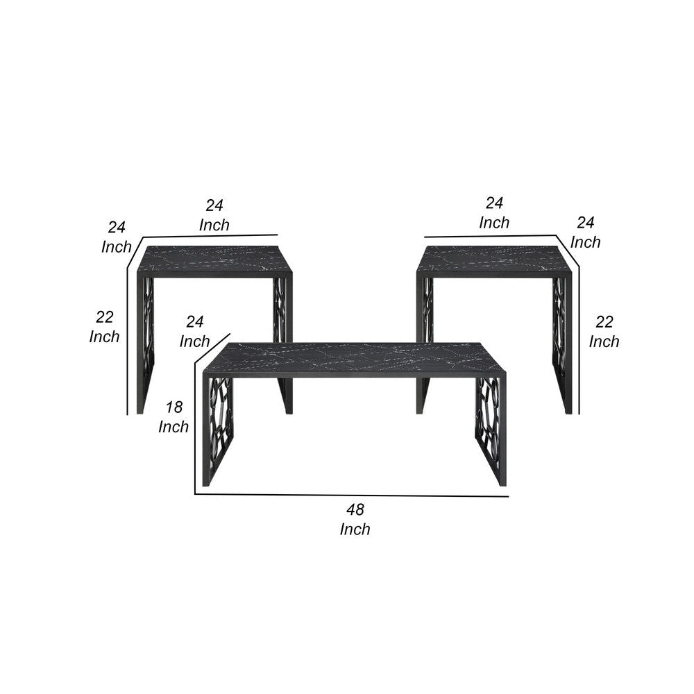 Melin 3pc Coffee and End Table Set | Geometric Black Glass Marbled Top BM336357