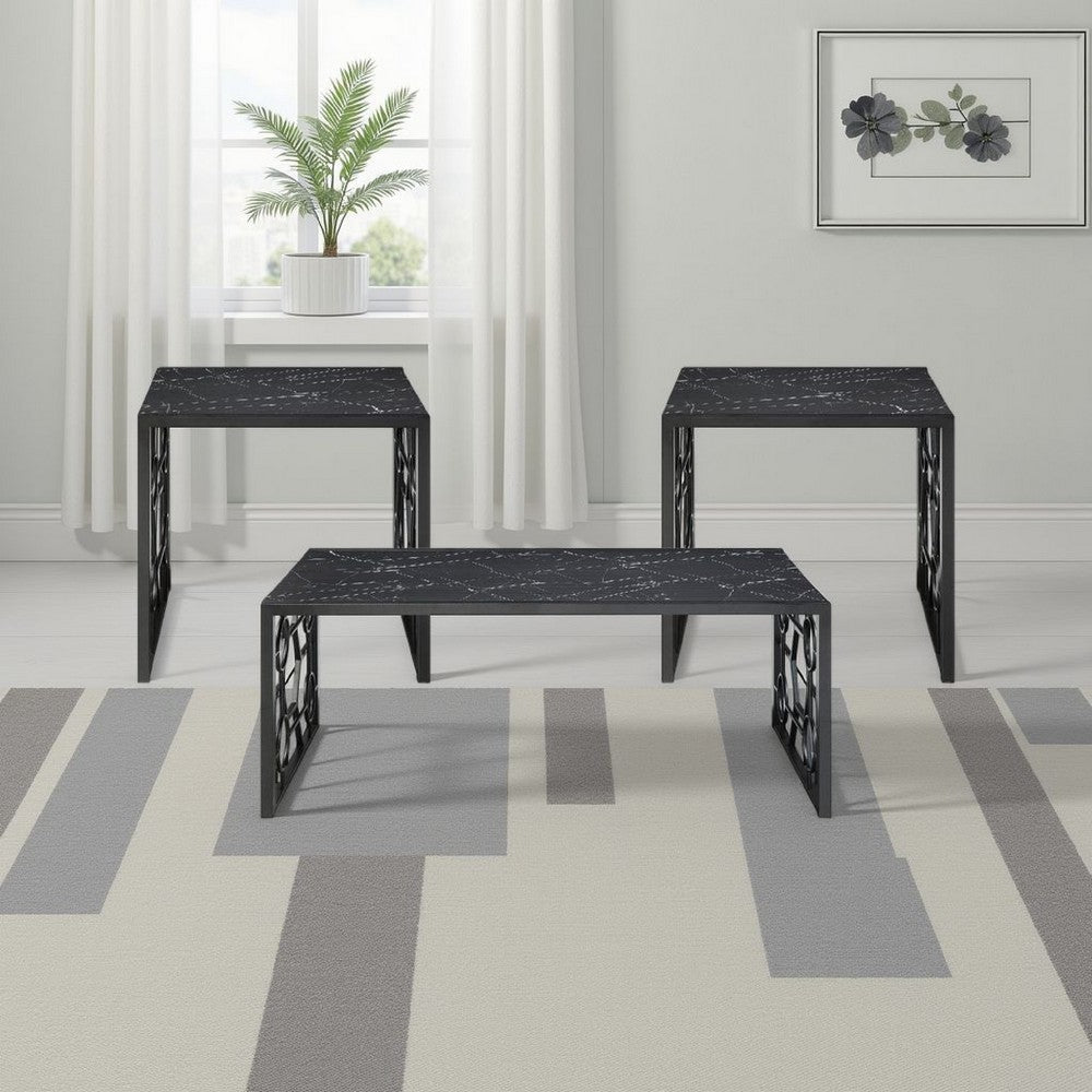 Melin 3pc Coffee and End Table Set | Geometric Black Glass Marbled Top