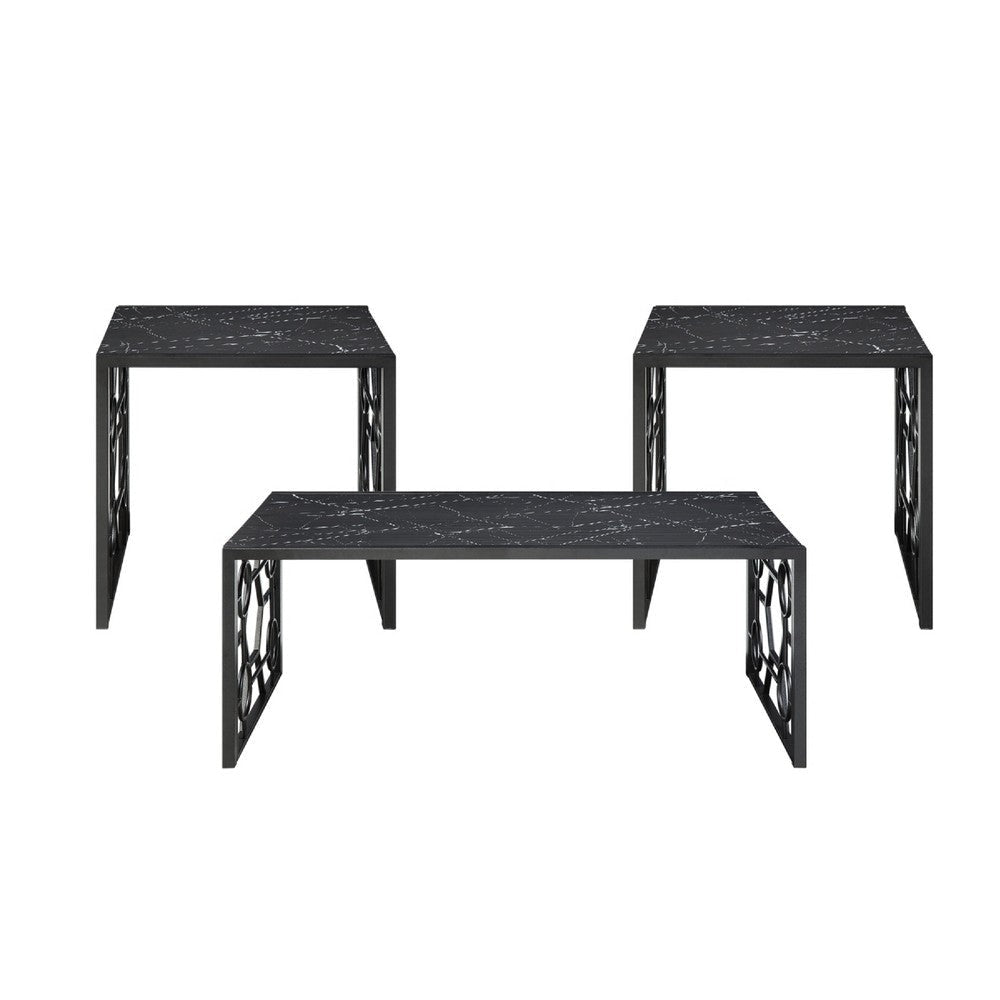 Melin 3pc Coffee and End Table Set | Geometric Black Glass Marbled Top