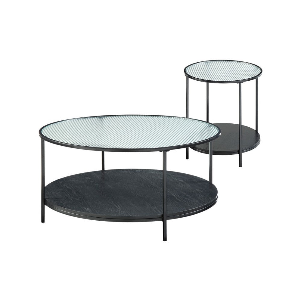 Deena 2pc Coffee and End Table Set | Fluted Glass Top | Black Metal