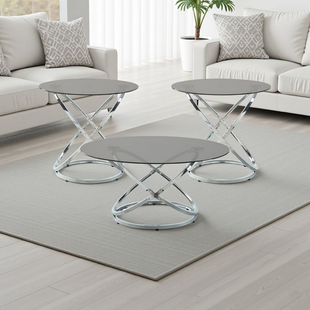 Marlyn 3pc Coffee End Table Set | Black Round Tempered Glass | Chrome