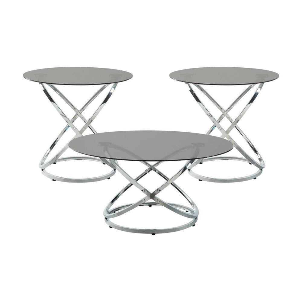 Marlyn 3pc Coffee End Table Set | Black Round Tempered Glass | Chrome