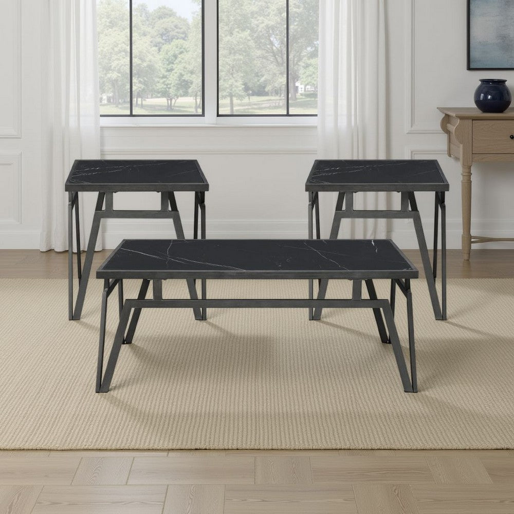 Howie 3pc Coffee and End Table Set | Black Sintered Stone | Bronze