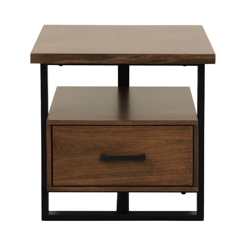 Voz Side End Table | Drawer and Open Shelf | Walnut Brown | Black 22’’ BM336362