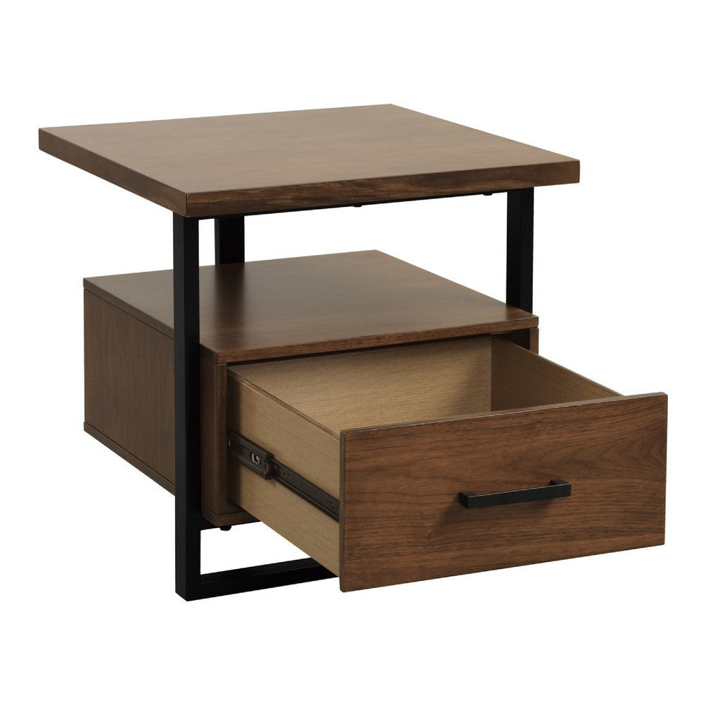 Voz Side End Table | Drawer and Open Shelf | Walnut Brown | Black 22’’ BM336362