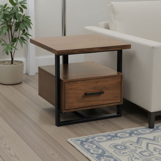 Voz Side End Table | Drawer and Open Shelf | Walnut Brown | Black 22"