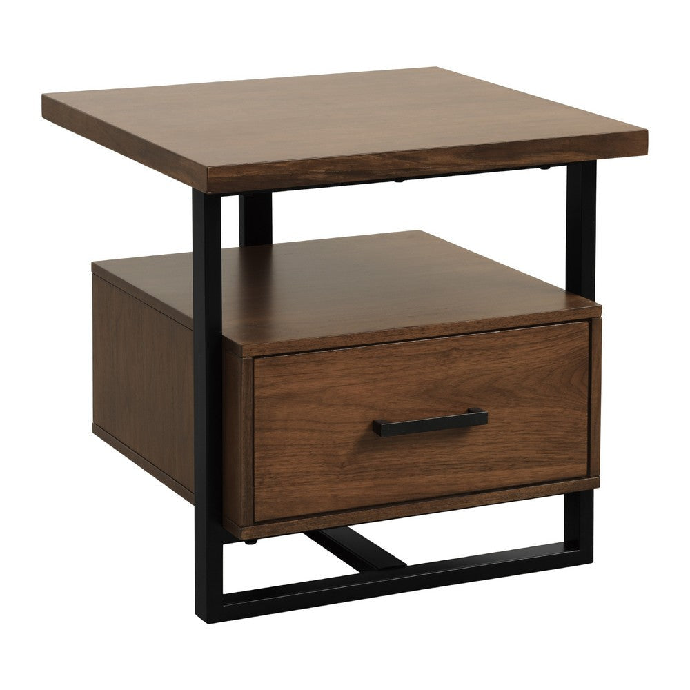 Voz Side End Table | Drawer and Open Shelf | Walnut Brown | Black 22"