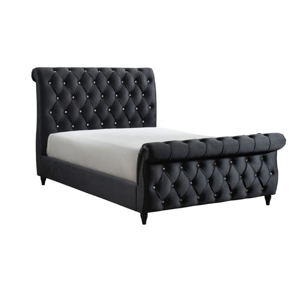 Ellowen King Sleigh Bed | Diamond Tufted | Black Velvet Upholstery