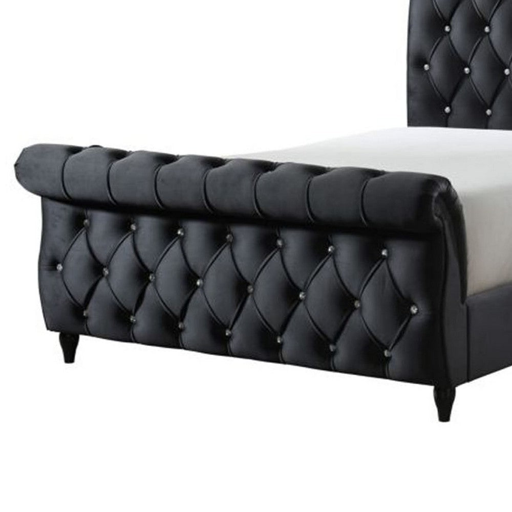 Ellowen King Sleigh Bed | Diamond Tufted | Black Velvet Upholstery