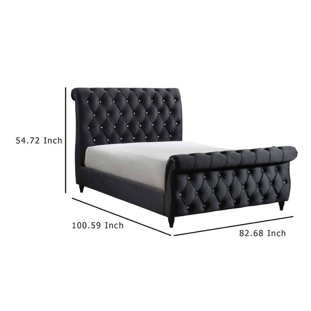 Ellowen King Sleigh Bed | Diamond Tufted | Black Velvet Upholstery