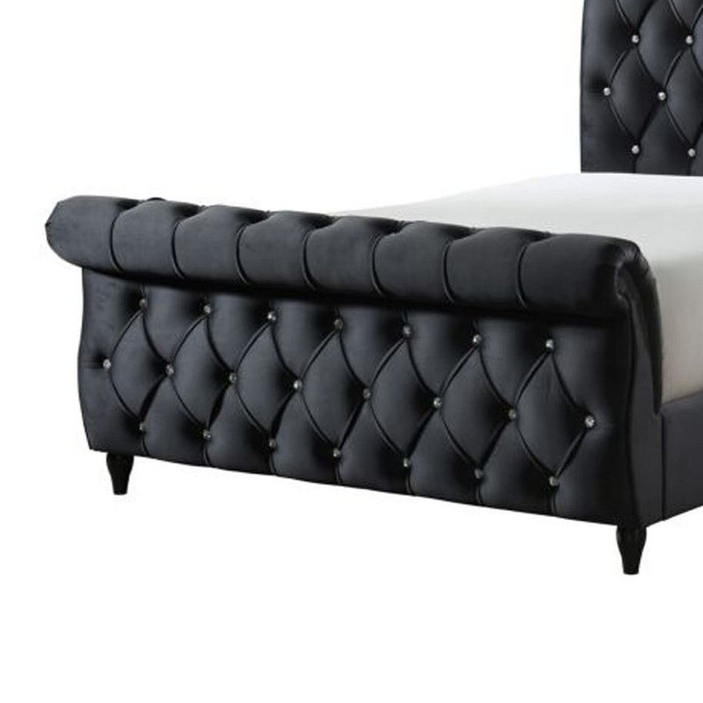 Ellowen Queen Sleigh Bed | Diamond Tufted | Black Velvet Upholstery