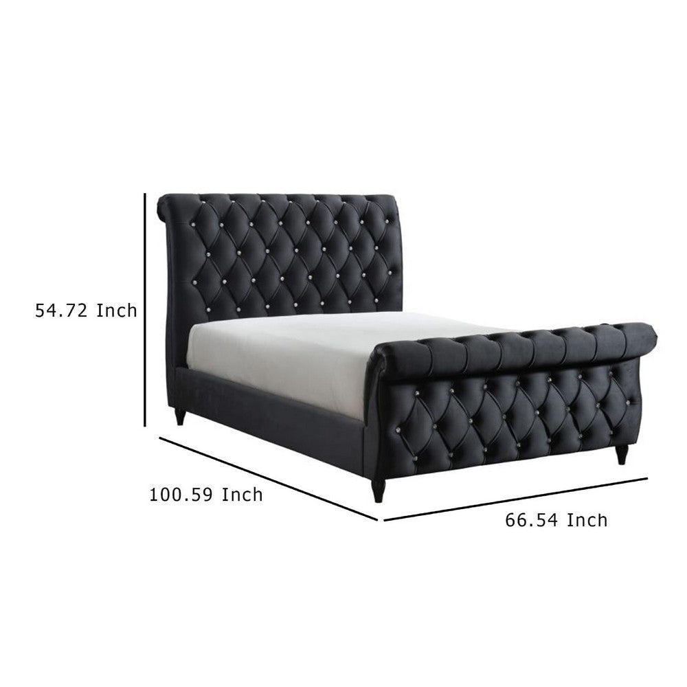 Ellowen Queen Sleigh Bed | Diamond Tufted | Black Velvet Upholstery