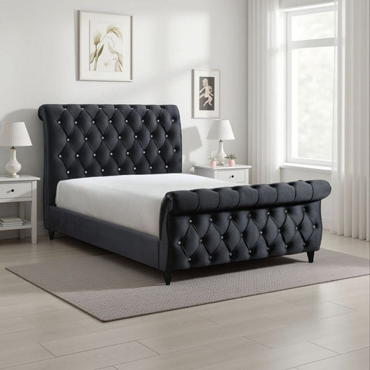 Ellowen Queen Sleigh Bed | Diamond Tufted | Black Velvet Upholstery