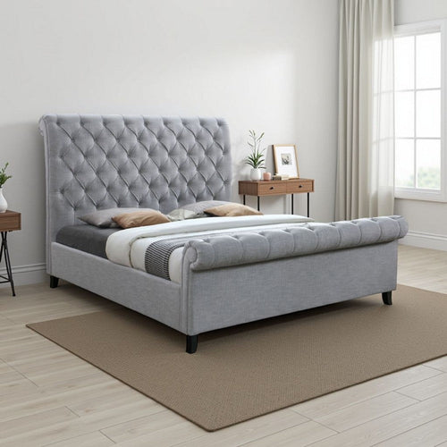 Magnolia King Bed | Gray Upholstery | Diamond Tufted Scrolled Design