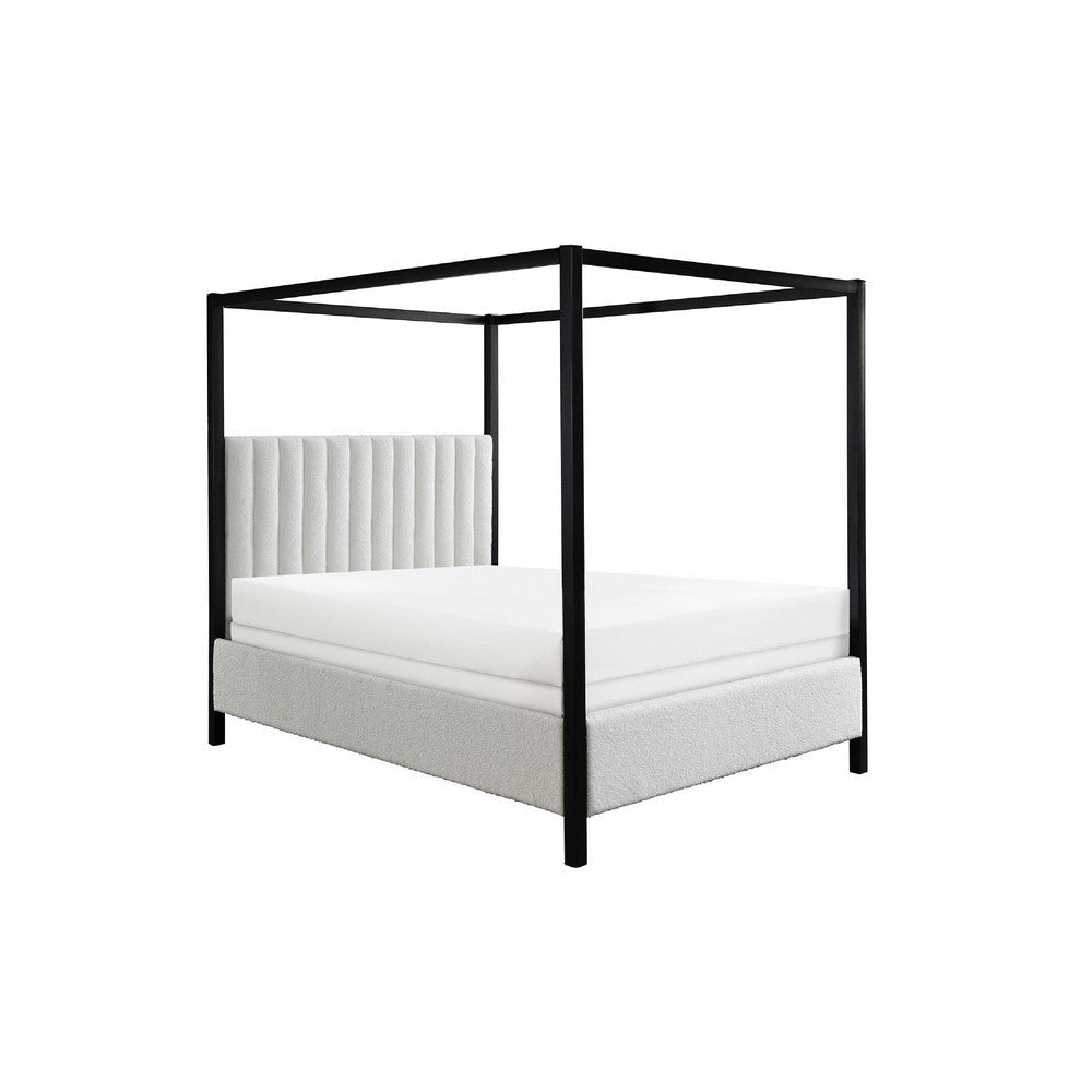 Gena King Canopy Bed | Channel Tufted White Boucle Upholstery | Black